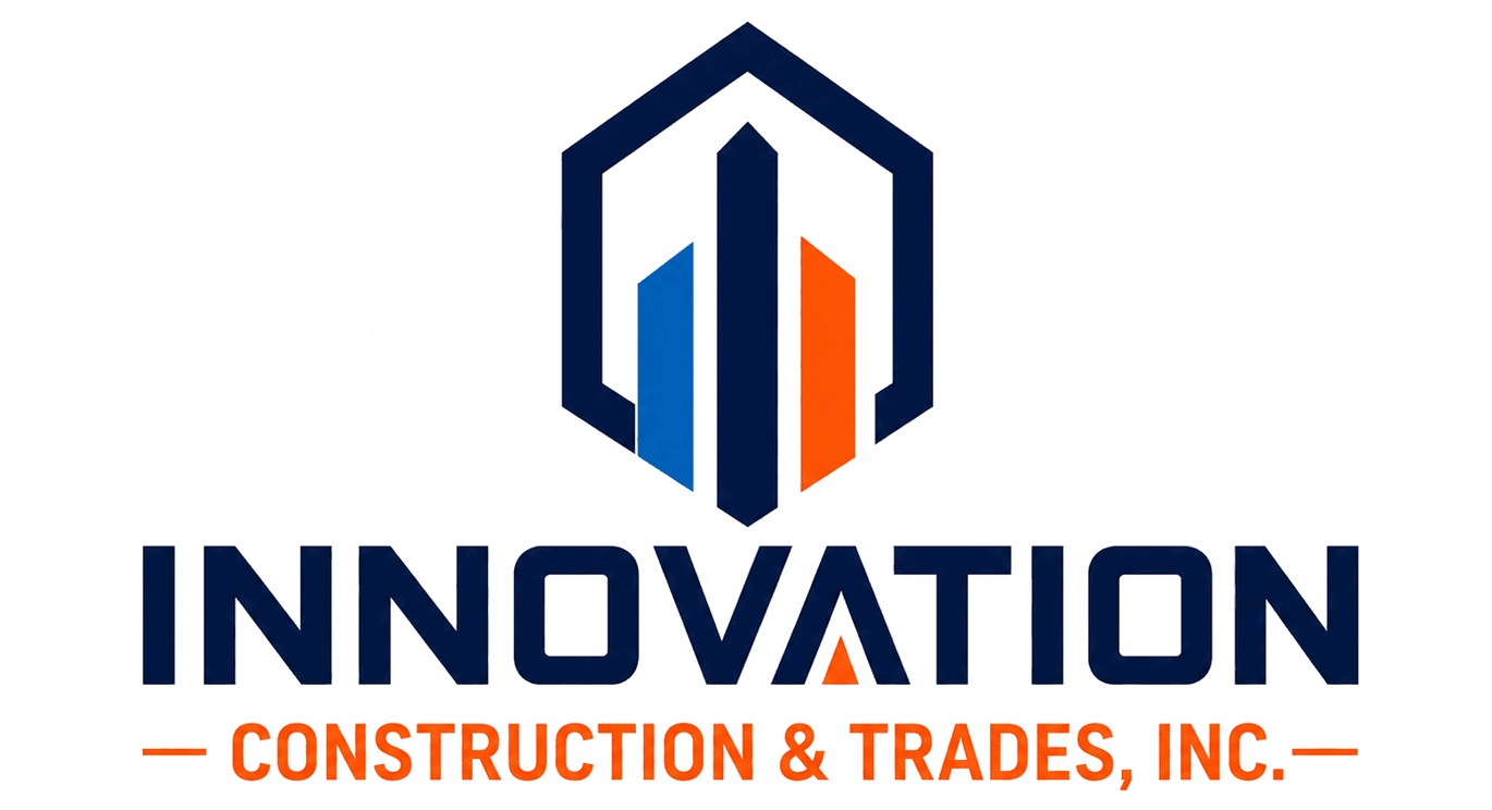 Logo for Innovation Construction & Trades, Inc. featuring stylized building shapes in blue and orange above the company name on a light background.